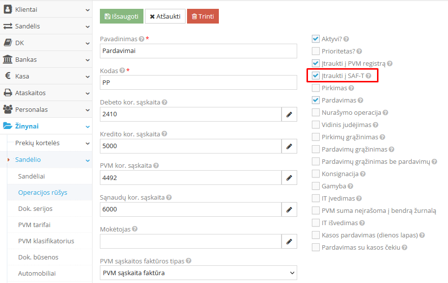 Operacijų rūšių įtraukimas į SAF-T rinkmeną