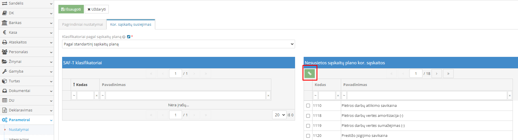 SAF-T klasifikatorių automatinio susiejimo mygtukas