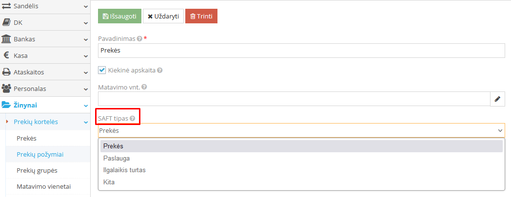 Prekių požymių priskyrimo SAF-T tipui langas