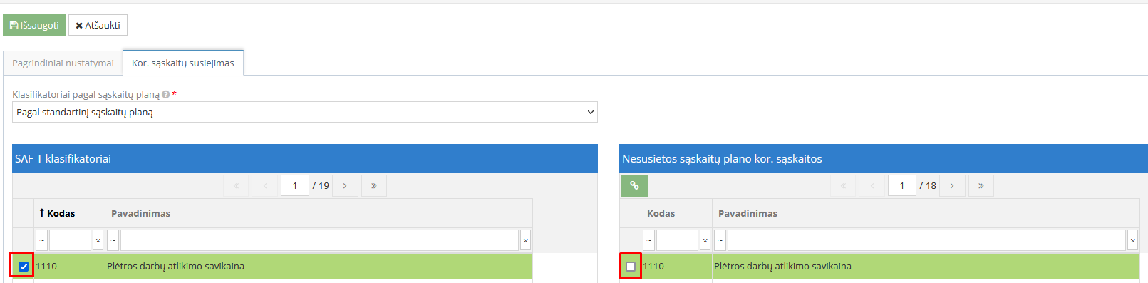 SAF-T klasifikatorių ir kor. sąskaitų rankinis susiejimas