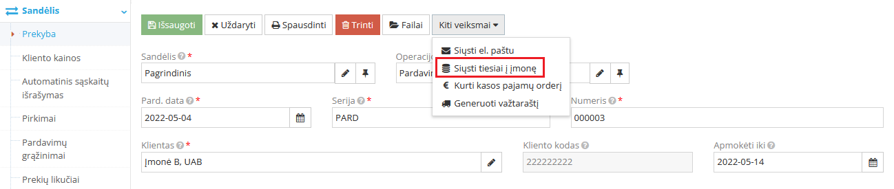 Pardavimo dokumento siuntimas tiesiai į įmonę