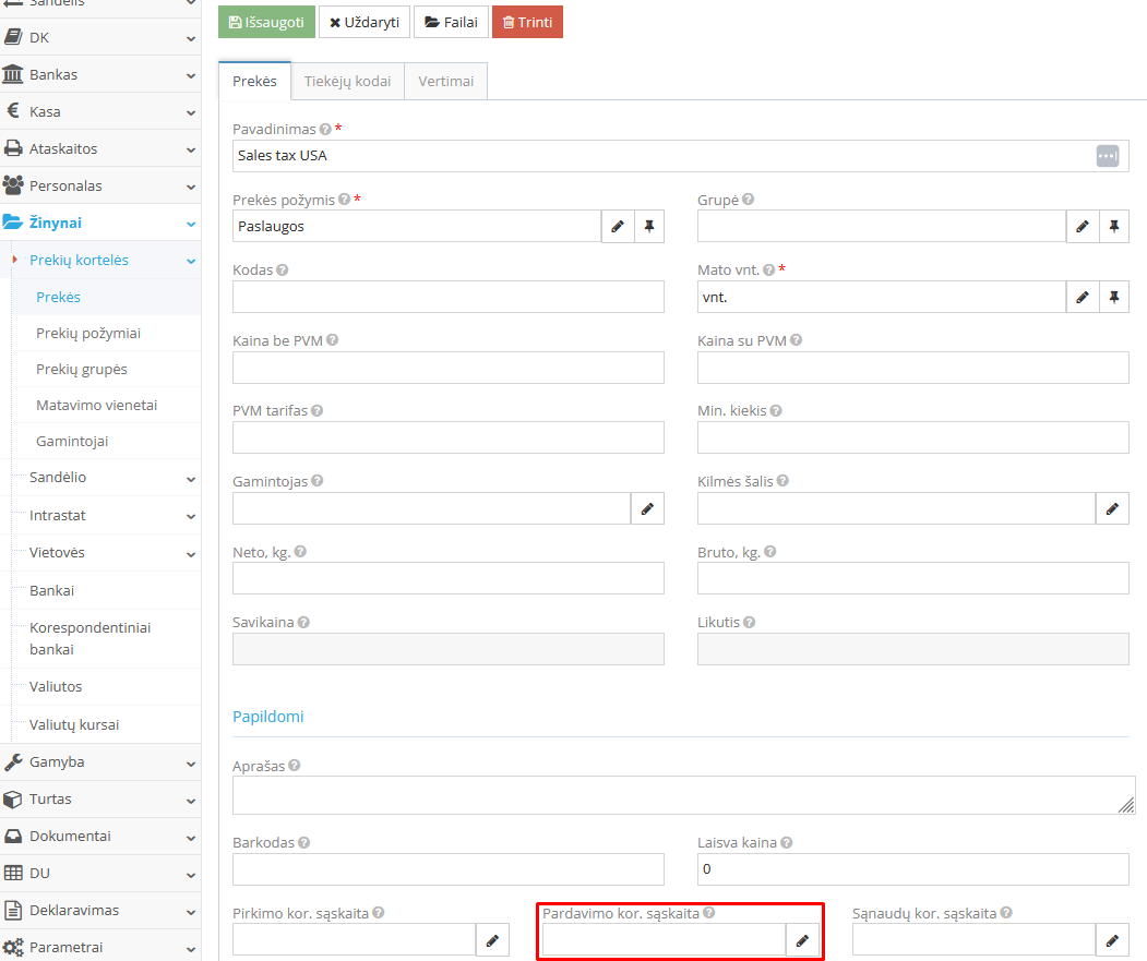 JAV Sales TAX pozicijos kortelės kūrimo langas e-parduotuvėje