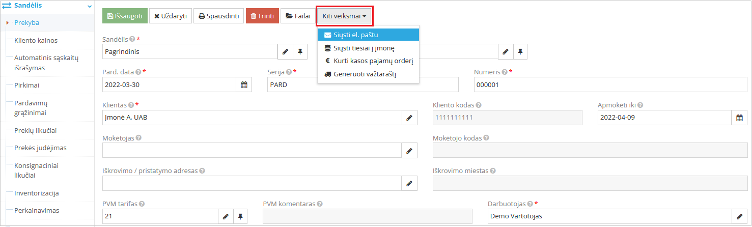 Siuntimas sąskaitos el. paštu iš pardavimo dokumento