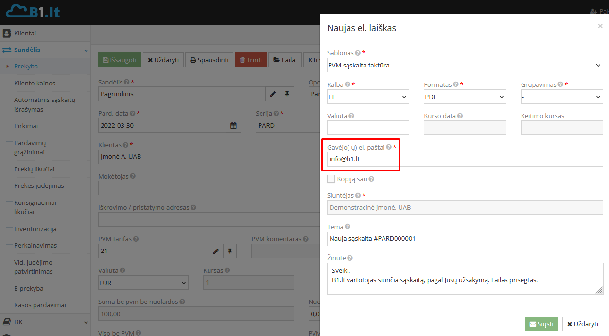 Sąskaitos siuntimo el. paštu nustatymų langas