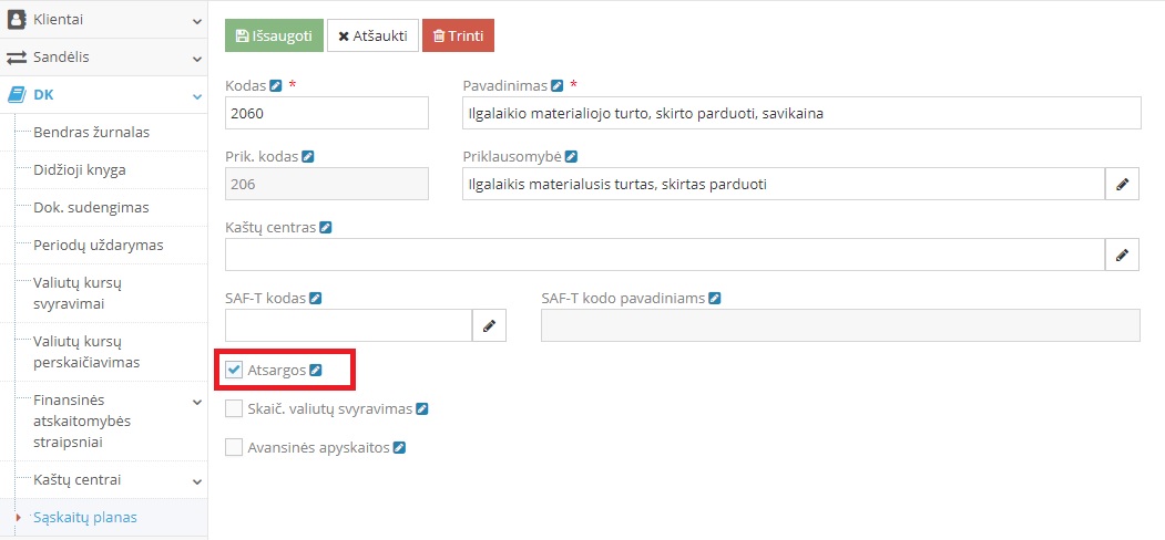 Sąskaitų plano nustatymai tarpinei sąskaitai 2060