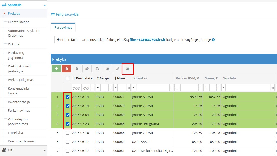 Sąskaitų siuntimo klientams langas