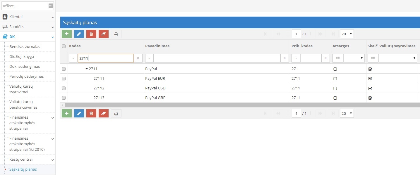 Sąskaitų plano papildymo langas programoje