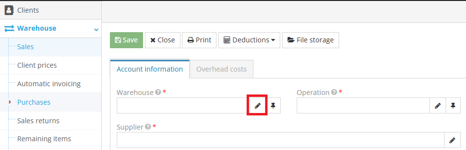 Selecting the warehouse using the pencil icon