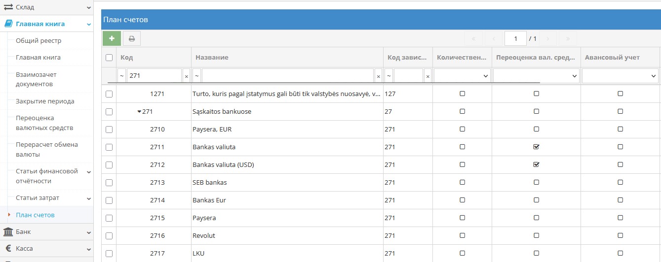 Добавление корреспондирующих счетов в плане счетов