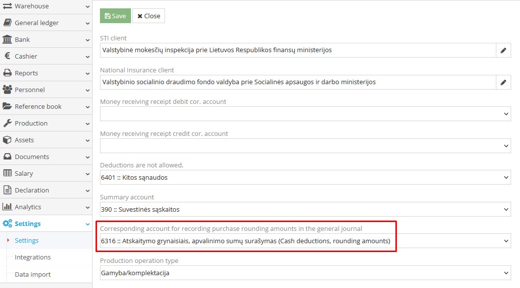 Settings section to assign corresponding rounding account