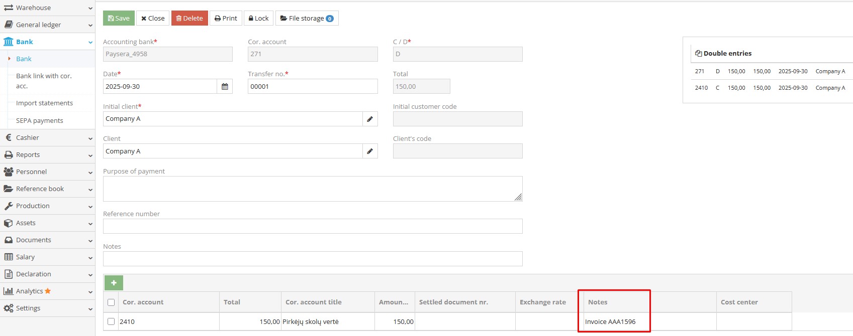 Bank entry notes field for automatic settlement