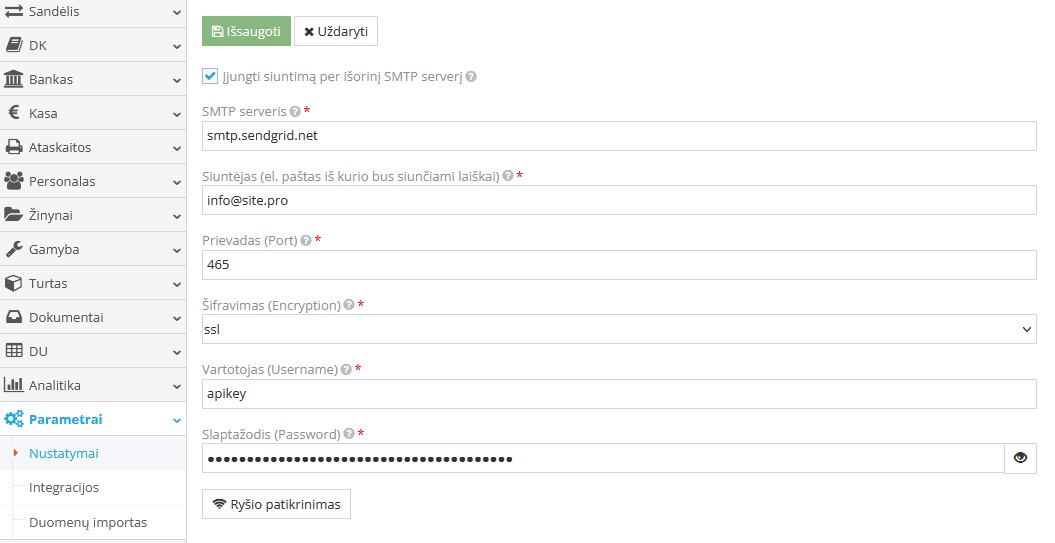 Sąskaitų-faktūrų siuntimo per SMTP nustatymų langas