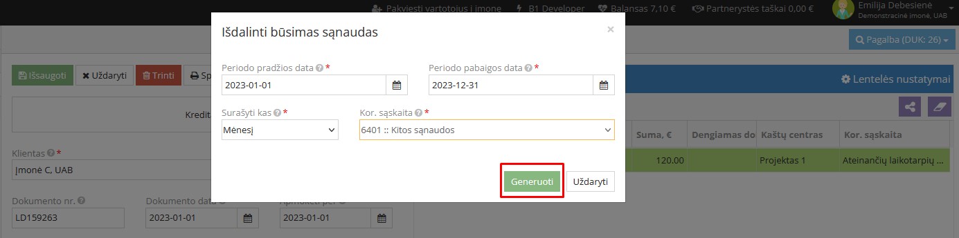 Būsimų sąnaudų išdalinimo formos pavyzdys