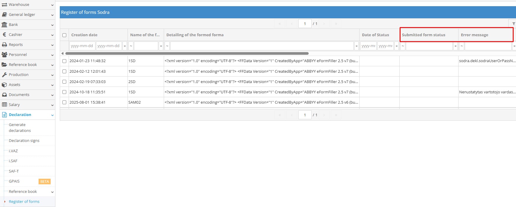Sodra submission error details screen