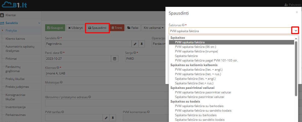 Pardavimo dokumento spausdinimo langas