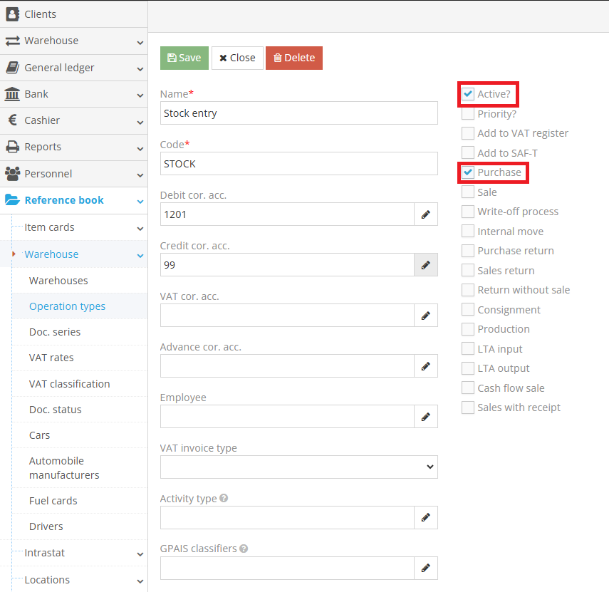 Stock operation type setup in accounting system interface