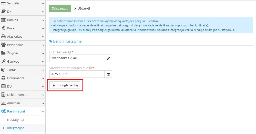 Banko sujungimo su Neopay langas