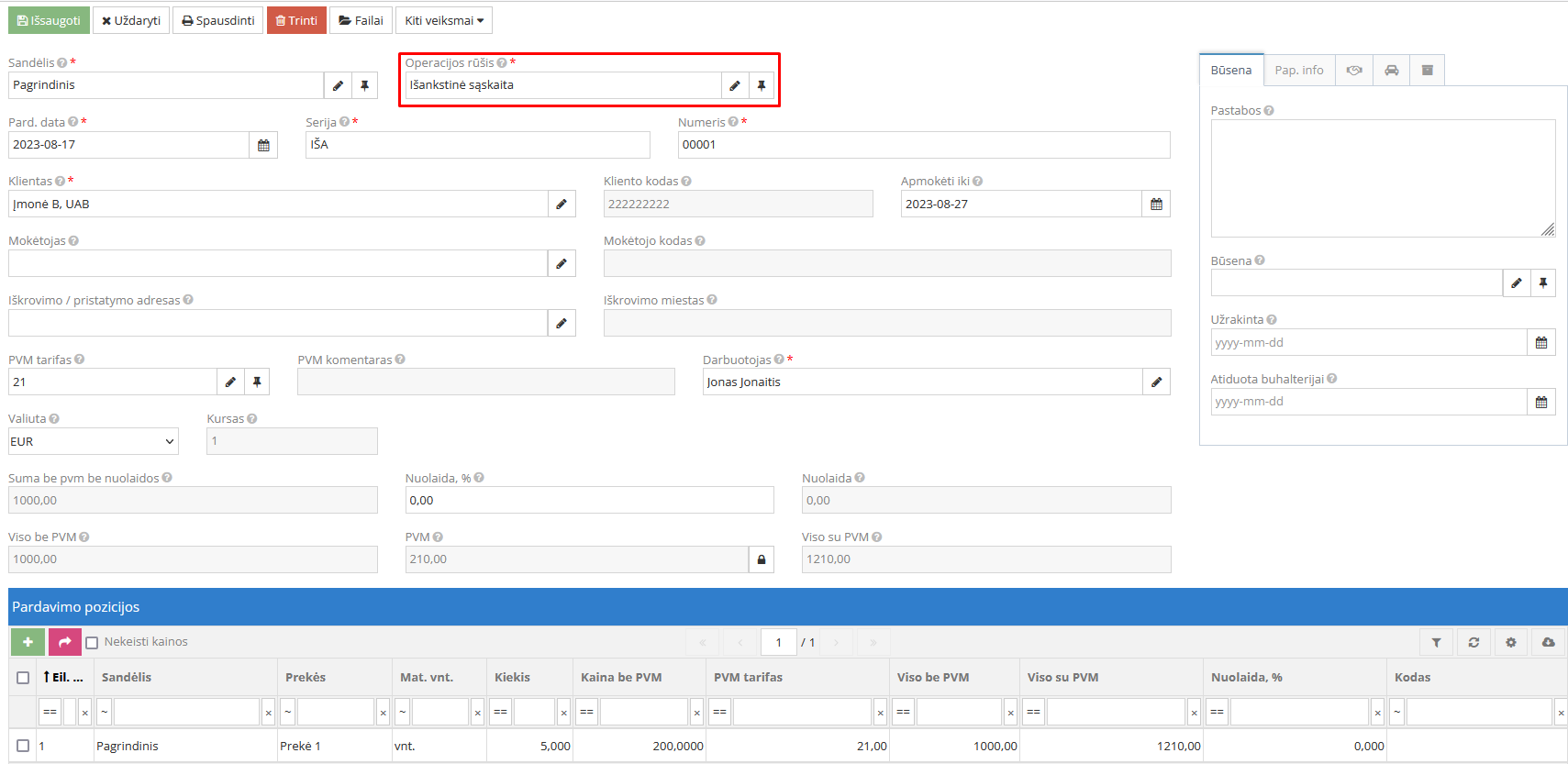 Išankstinės sąskaitos kūrimo langas