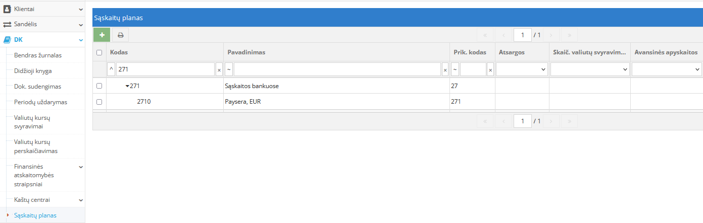 Sąskaitų plano sukūrimo langas su naujos kor. sąskaitos įvedimu