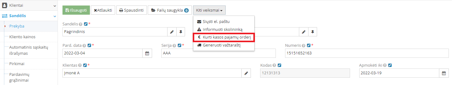 Kasos pajamų orderio sukūrimo langas