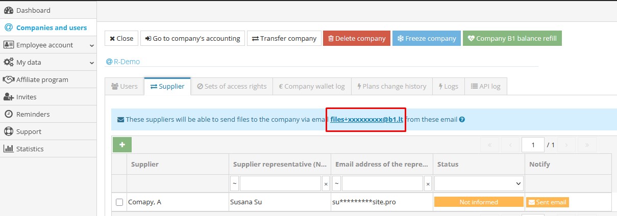 List of company suppliers with email addresses