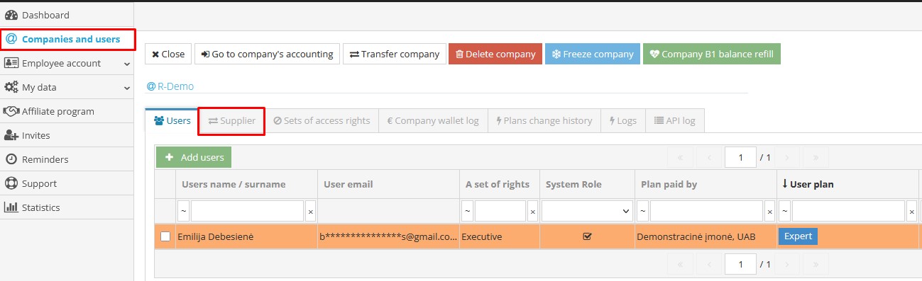 Supplier management window in the company profile