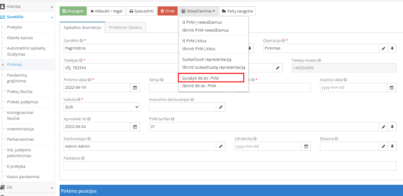 Pirkimo sąskaitos PVM pagal 96 straipsnį surašymo langas