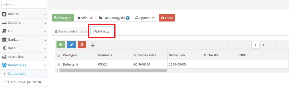 Darbo sutarties rūšies pasirinkimas darbuotojo kortelėje
