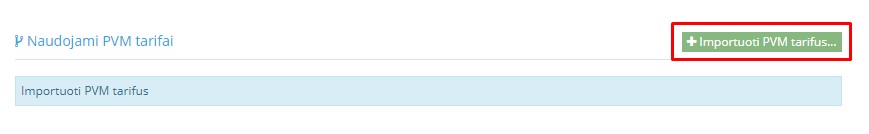 Importavimo PVM tarifų langas Varle integracijoje