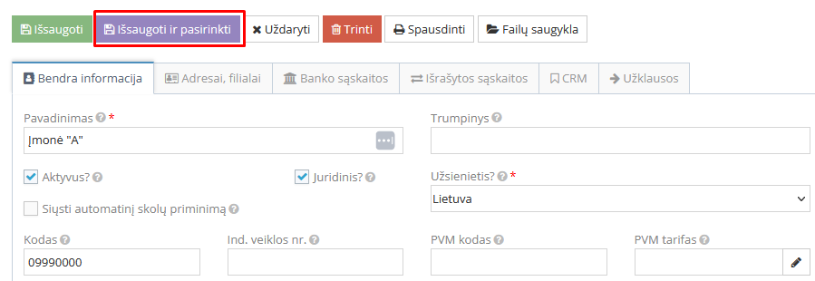 Tiekėjo kortelės išsaugojimo mygtukas
