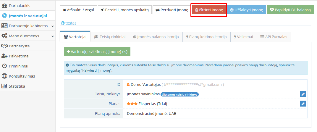Įmonės ištrynimo mygtukas pavyzdyje