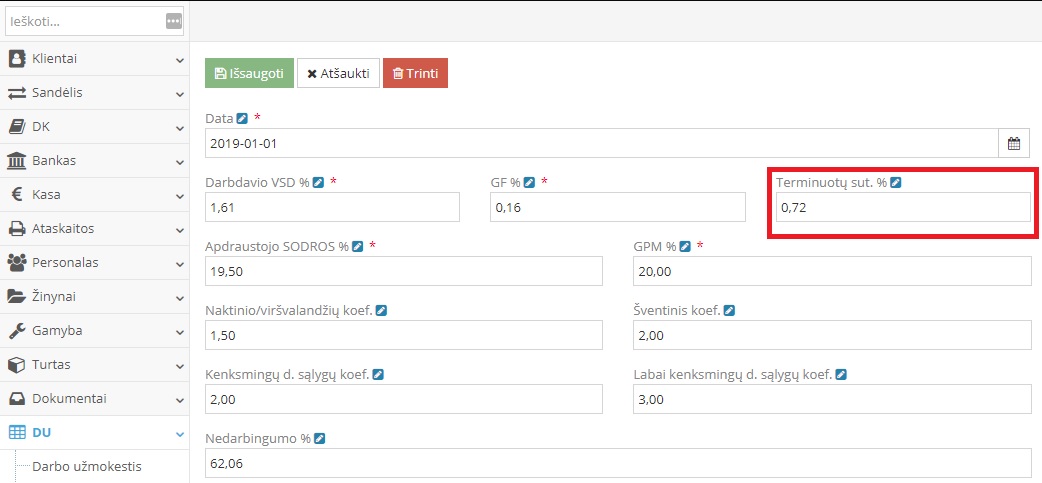 Terminuotos darbo sutarties procento nustatymas DU parametruose