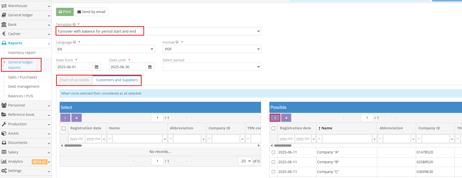 Turnover with balance for period report interface example