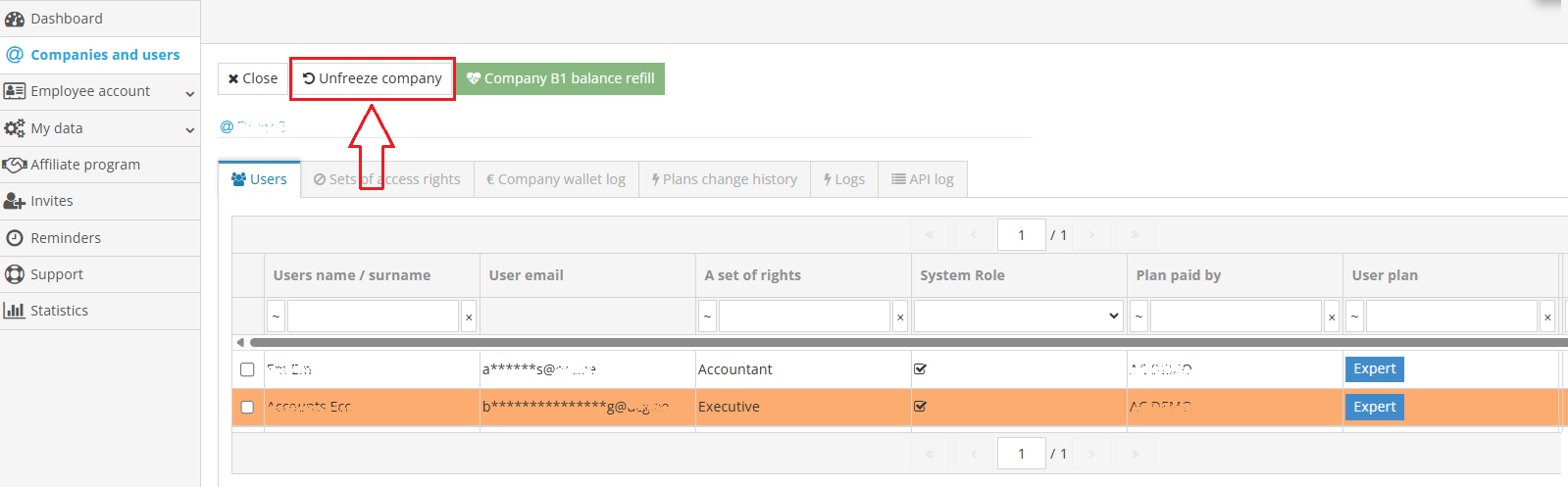 Unfreezing a company in the account settings