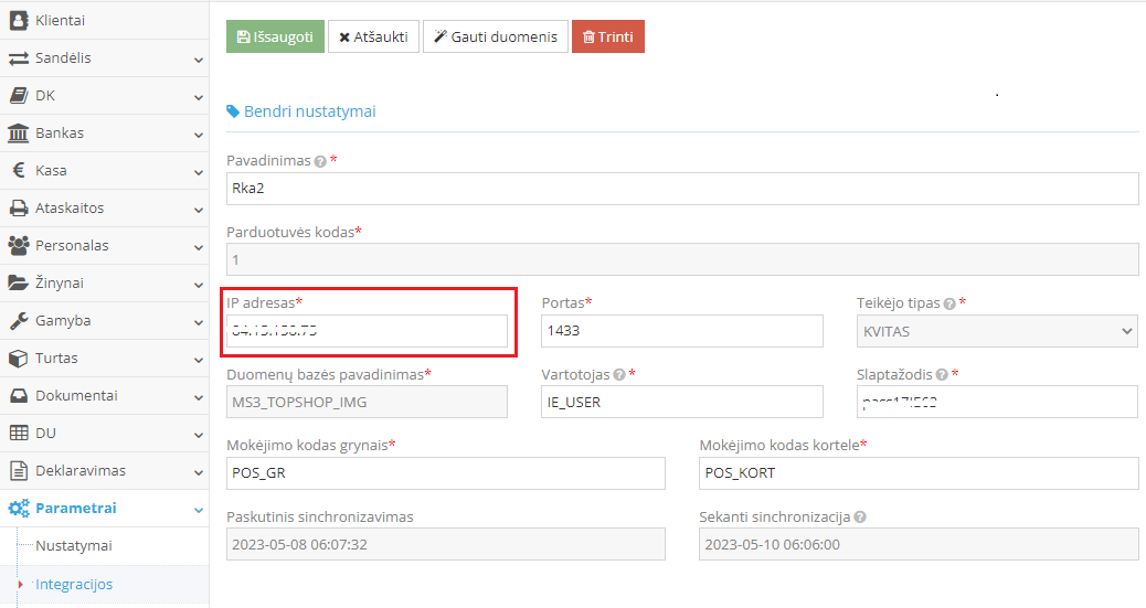 Raso serverio IP adreso nurodymas integracijos parametruose