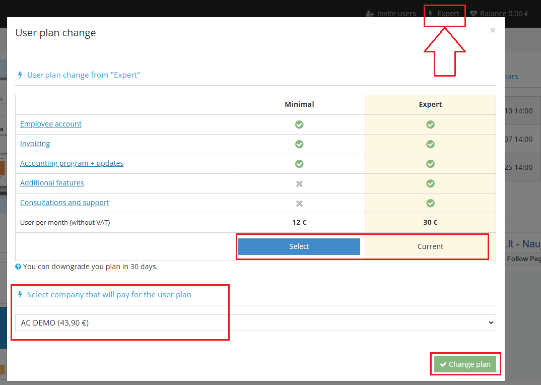 Viewing and changing current user plan in the top menu bar
