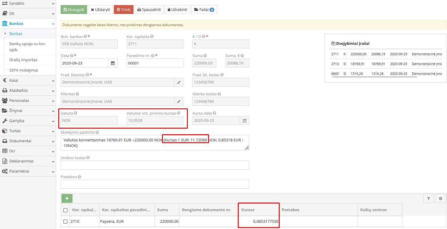 Valiutos pardavimo įrašo pavyzdys banke