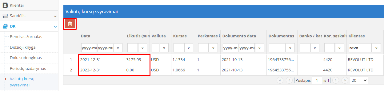 Valiutos svyravimo ištrynimo langas su pasirinktu klientu
