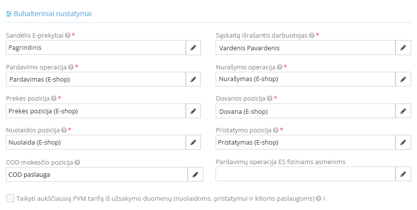 Buhalterinių nustatymų pavyzdys Varle integracijoje