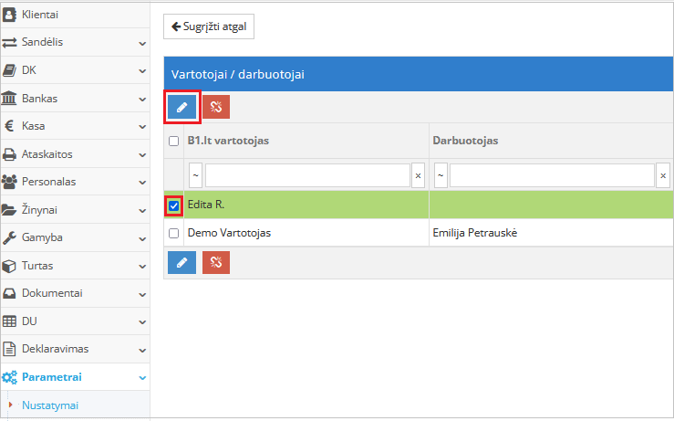 Vartotojo ir darbuotojo susiejimo langas programoje