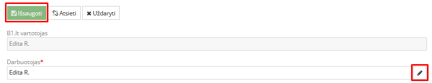 Darbuotojo pasirinkimo ir išsaugojimo langas Darbuotojo pasirinkimo ir išsaugojimo langas