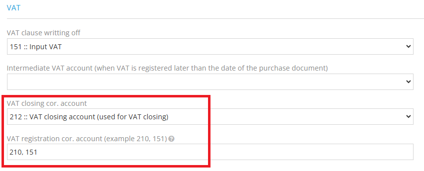 VAT closing accounts settings window