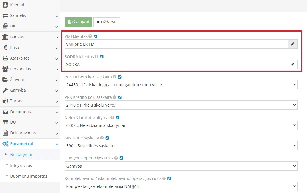 Parametrų nustatymų langas su VMI ir Sodra klientų laukais