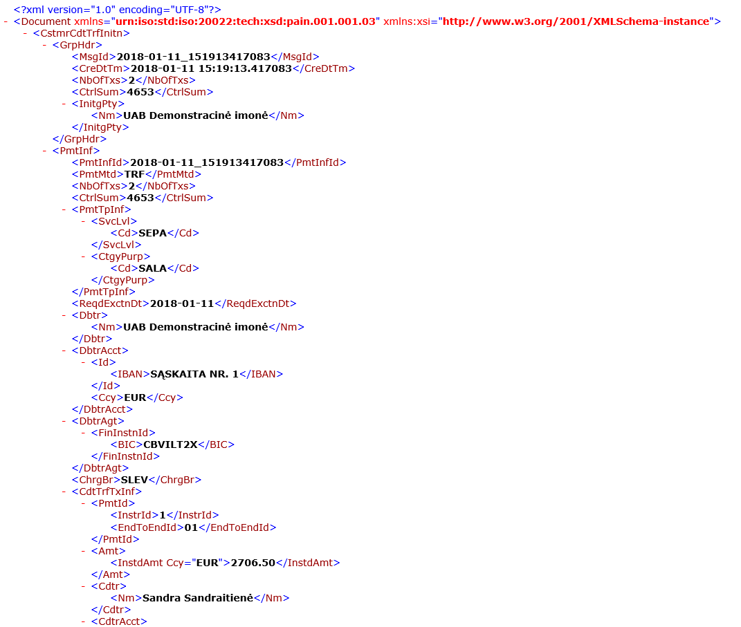 Pavyzdinis sugeneruoto XML failo vaizdas DU ataskaitoje