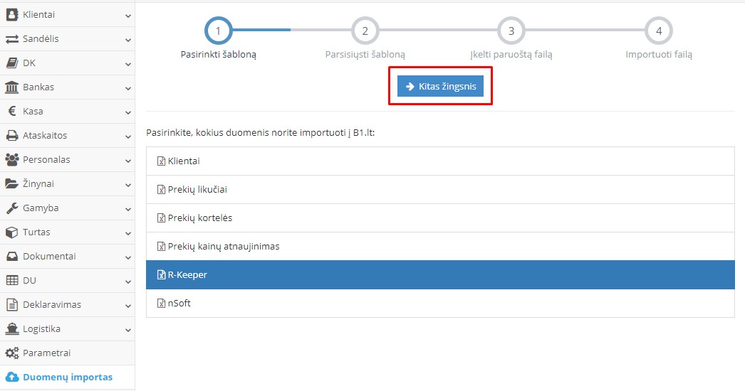 Duomenų importo žingsnio pasirinkimo langas