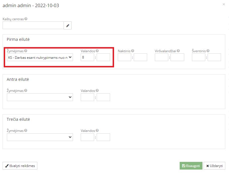 Žymėjimo lauko pildymas tabelyje esant nukrypimams