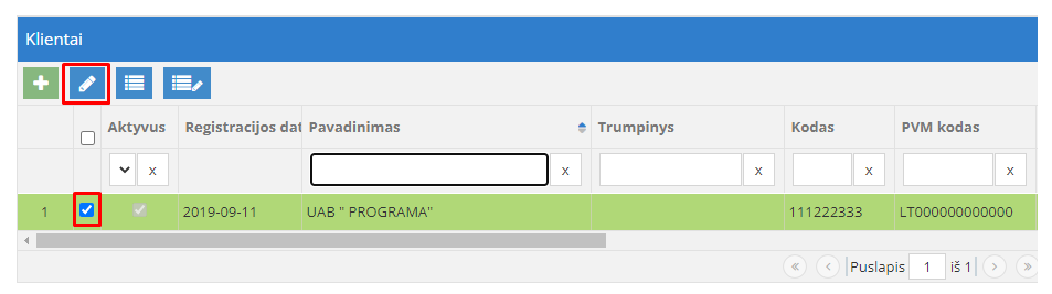 Kliento kortelės koregavimo langas