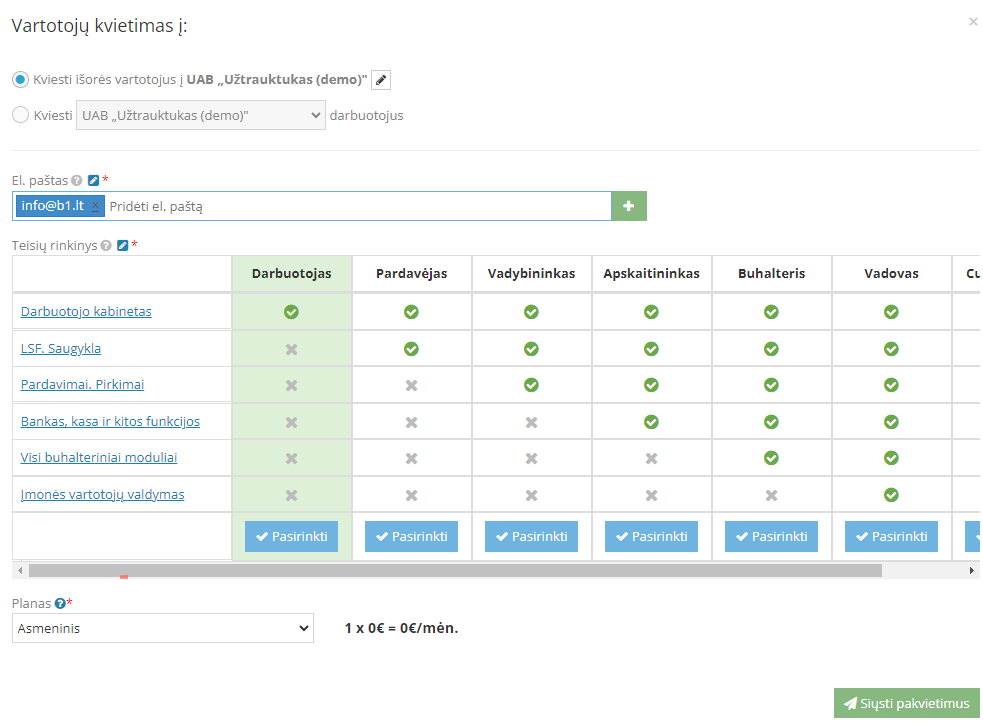 Окно приглашения нового пользователя и настройки