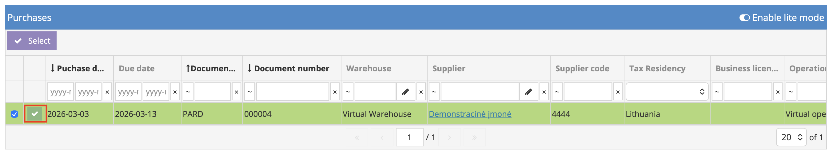 Document attached to the selected record