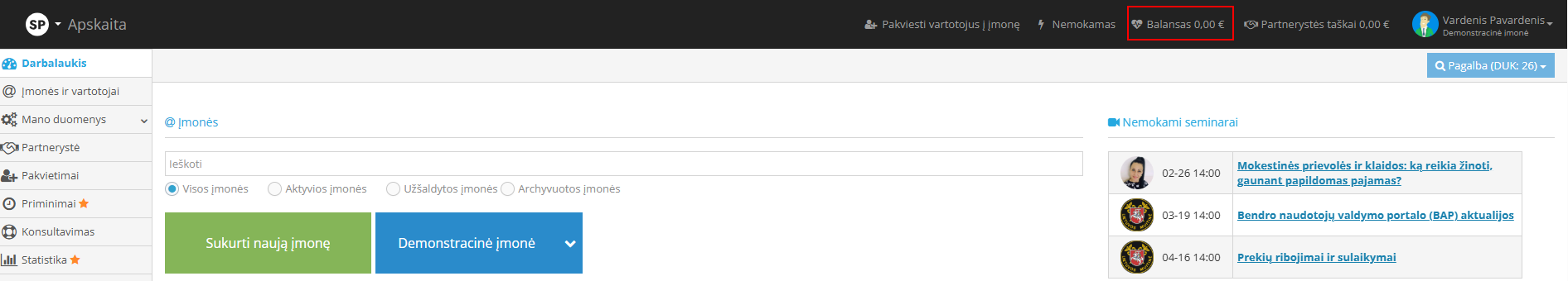 Balanso peržiūra Site.pro programoje